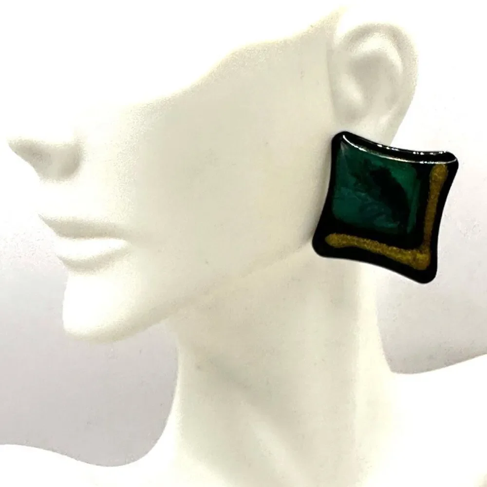 Green and gold enamel square post earrings